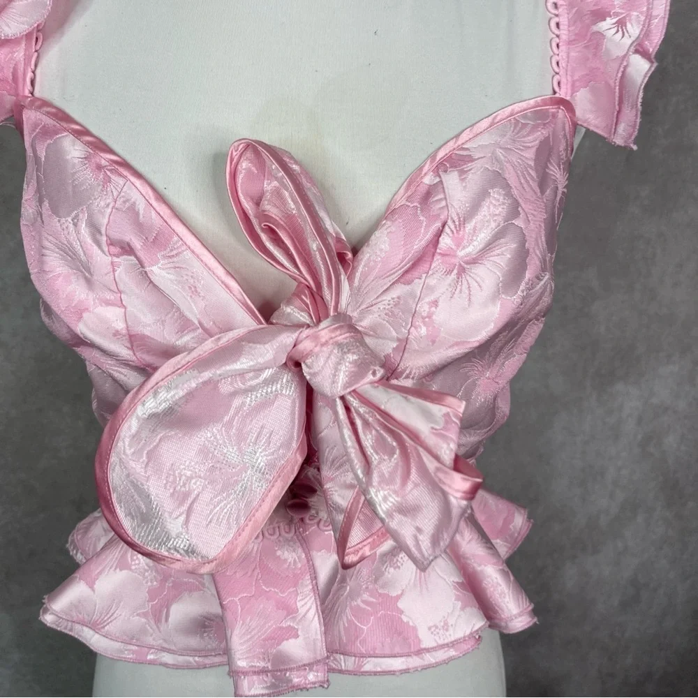 V. Chapman Petals Front Tie Jacquard‎ Blouse In Pink Macaron Women's Size 2